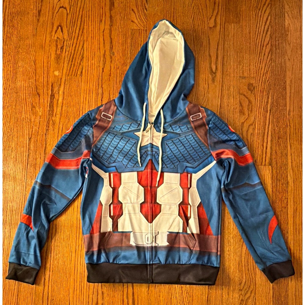 Men's Captain America Full Zip Hoodie Graphic Print Blue XS